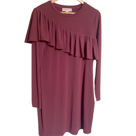 Michael Kors Merlot Long Sleeved Ruffle Dress NWT Size Large - Picture 1 of 5